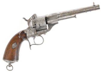 Très rare revolver Lefaucheux à la carcasse ciselée, type 1858 à broche, six coups.