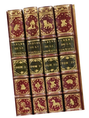 Jean de La Fontaine. Fables choisies. 1755-1779. Quatre grands volumes in-folio. Un des grands classiques de la bibliophilie du XVIIIe siècle. Exemplaires en maroquin rouge reliés aux fers spéciaux. Adjugés par Sotheby’s, à Paris le 12 décembre 2019.